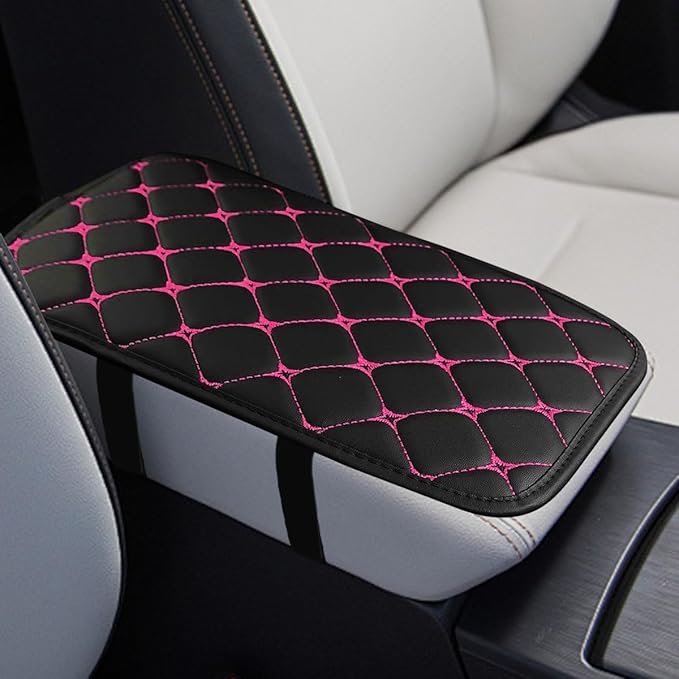 Car Center Console Cushion Pad, Comfortable PU Leather Vehicle Armrest Seat Box Cover, Waterproof Automotive Interior Arm Rest Protector Accessories, Universal Fit (Black/Rose Red)