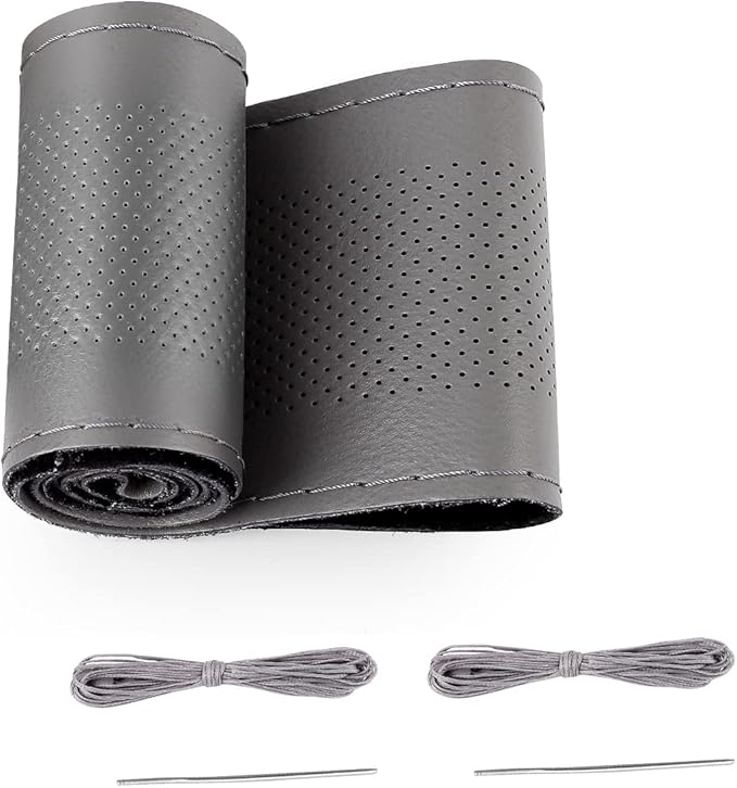 BELINOUS Leather Car Steering Wheel Cover, Stitch On Wrap (Size M4, Gray)