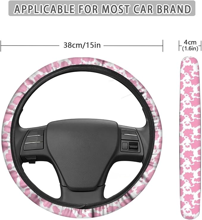 Universal Non-Slip Steering Wheel Cover, 15-inch Polyester Material Driving Accessories, Adjustable for Car and Truck(Pink Spots)