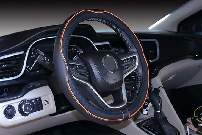 Mayco Bell Universal Standard Size Steering Wheel Cover Anti-Slip,Safety,Soft,Breathable,Durable,Full Surround,Comfortable Grip Microfiber Leather (14.5-15 inch,Black Orange)