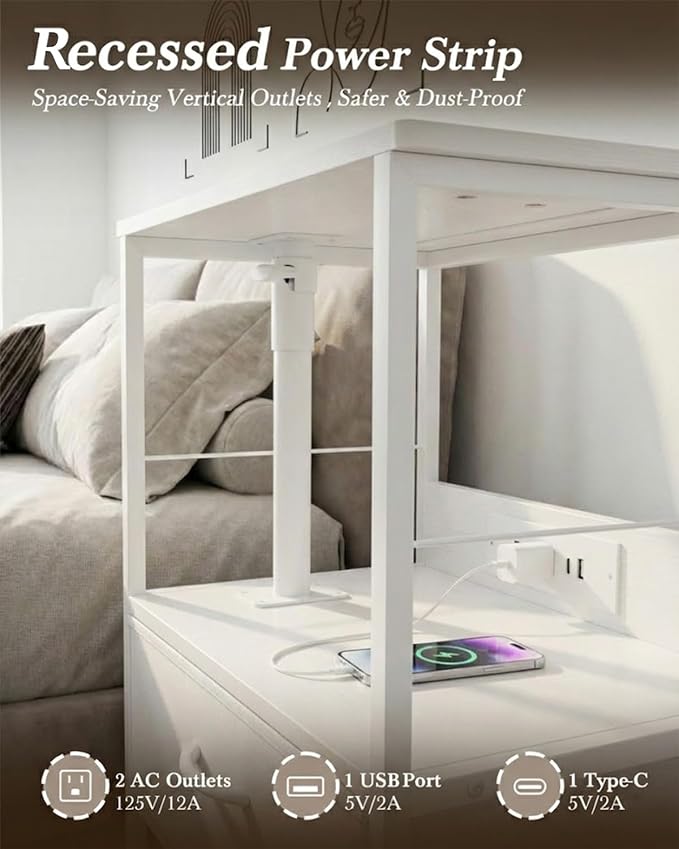 Faesun Swivel Lift Top Nightstand with Charging Station, Rolling Side Table for Recliner, Bedside Table with Wheels & 2 Fabric Drawers, for Small Spaces, for Bedroom, Living Room, White