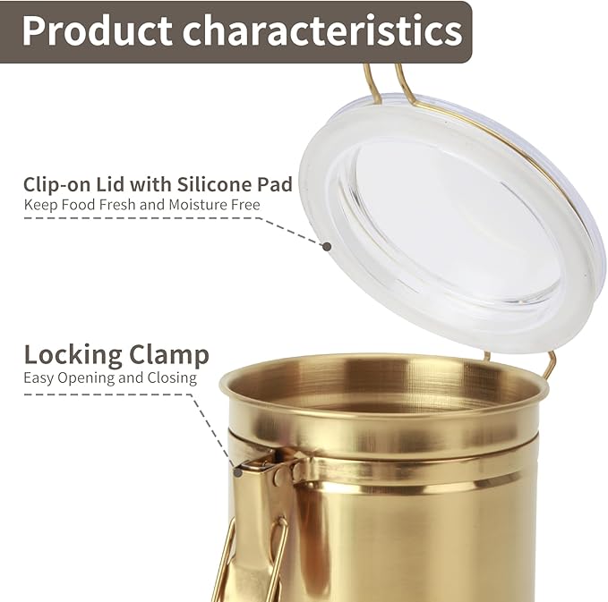 Kitchen Canister 41 oz,Airtight Stainless Steel Kitchen Food Storage Container for Coffee Beans,Beans,Tea,Flour, Cereal,Sugar.Coffee Container with Airtight Clear Lid and Locking Clamp.Gold