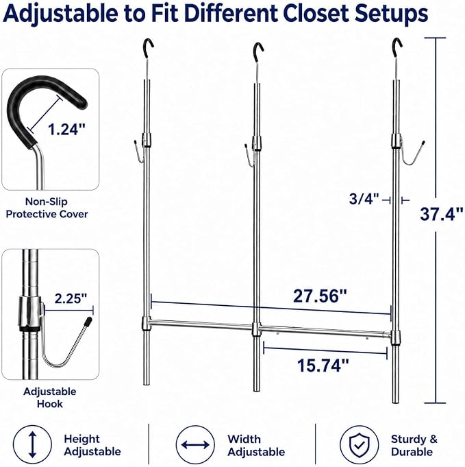 Adjustable Closet Rod Extender with Hooks, Expandable Double Hanging Organizer for Closets, Kids' Wardrobe & Laundry Room, No Tool Assembly, Metal Tension Pole, Chrome Finish