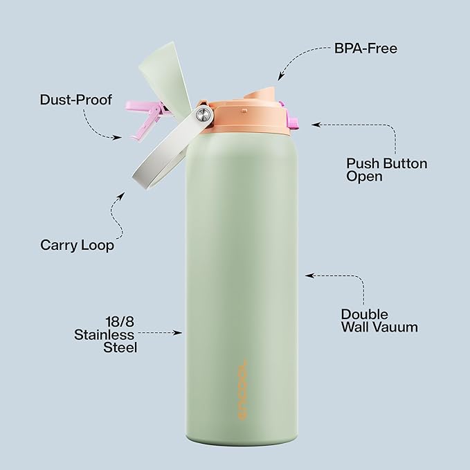 Insulated Water Bottle with Straw - Encool Stainless Steel Water Bottle with Push Button Lid, Leak-Proof & BPA-Free, Keeps Cold for 24 Hours for Sports, Travel, Gym (40 oz, Geyser Green)