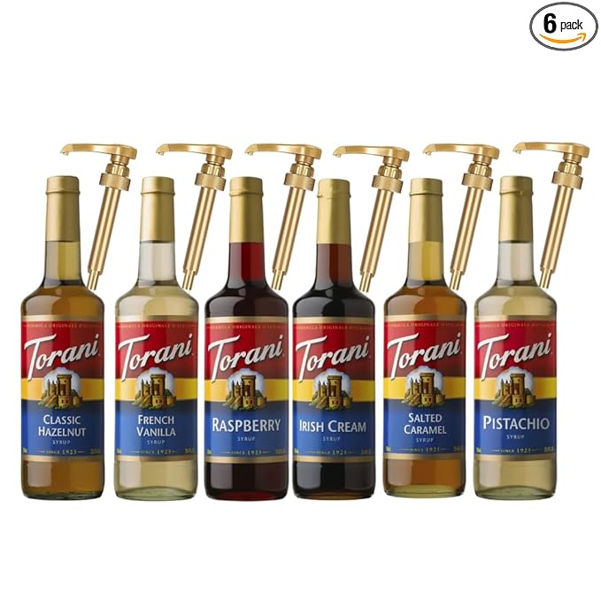 Jimoco Syrup Pump & Torani Syrup Bundle - Salted Caramel, French Vanilla, Pistachio, Hazelnut Classic, Irish Cream, Raspberry - For Italian Soda Coffee, Lattes, Frappes With 6 Pump Dispensers