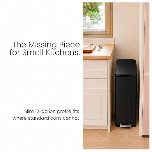 Home Zone Living 12 Gallon Slim Kitchen Trash Can with Soft Close Lid, Step Pedal, Bag Tuck Band, and Removable Liner, Stainless Steel, Black