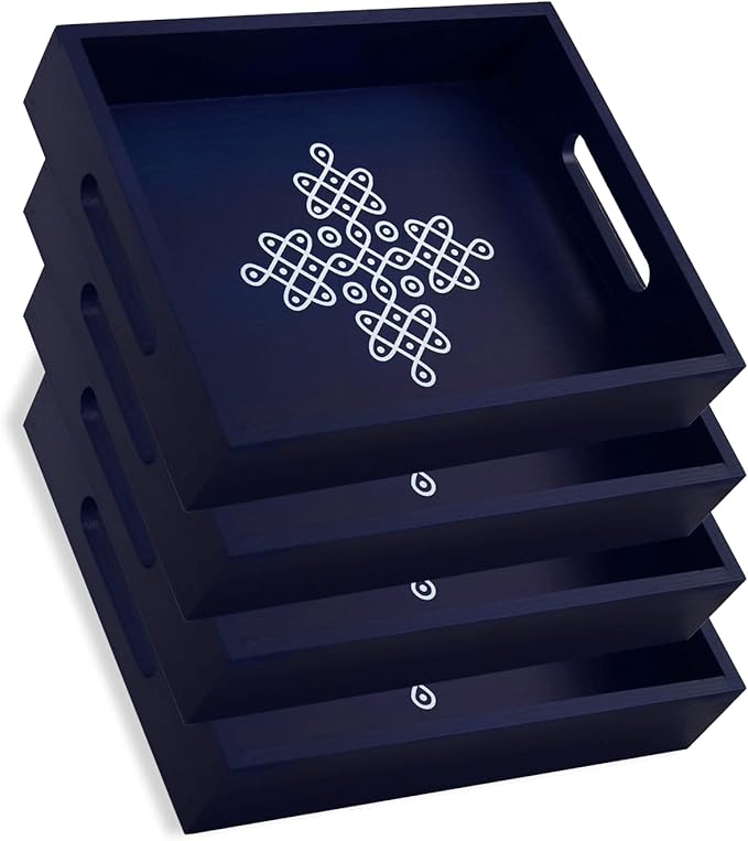 Coffee Table Tray - Decorative Trays for Home Decor - Serving Trays with Handles for Kitchen - Decor Tray - Indian Return Gift, Diwali, Pooja - 10" X 8" X 2" Size, in Blue and Brown (4, Blue)