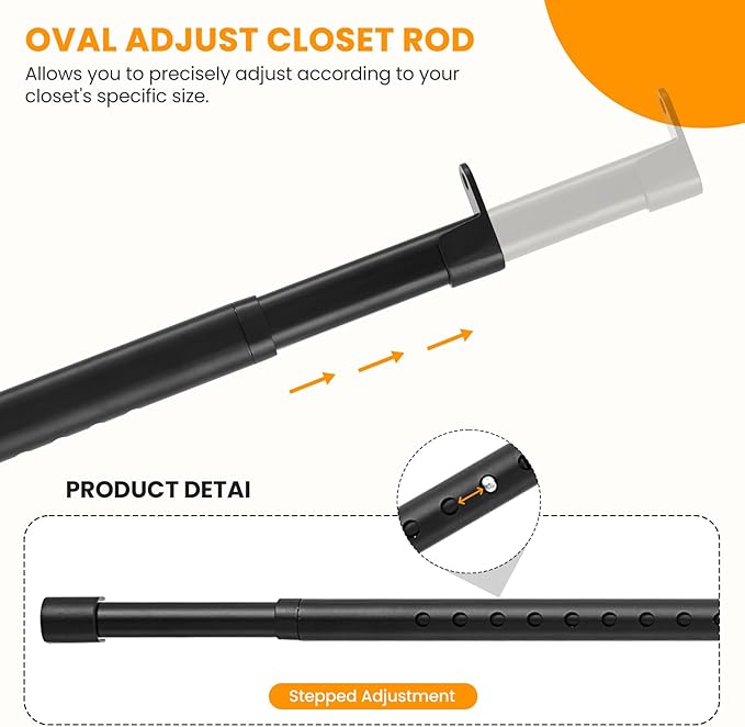 Oval Closet Rod for Hanging Clothes Adjustable Closet Rods 18 to 75 Inch Heavy Duty Black Poles Bar Closet Rod Expandable for Wardrobes Laundry RV