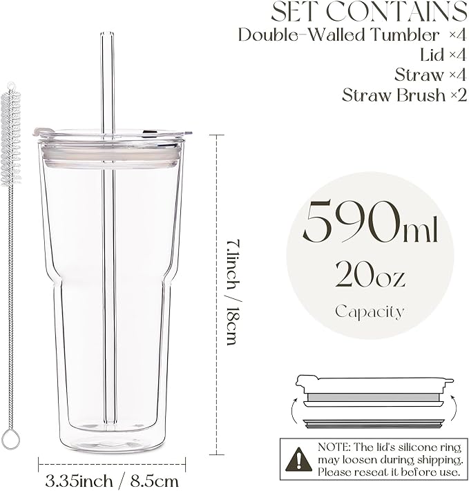 KEMORELA 2PCS 20oz Clear Double Wall Glass Cups with Lids and Straws, Insulated Borosilicate Glass Tumblers, Heat-Resistant, leak-proof Design for Iced Coffee, Bubble Tea, Juice