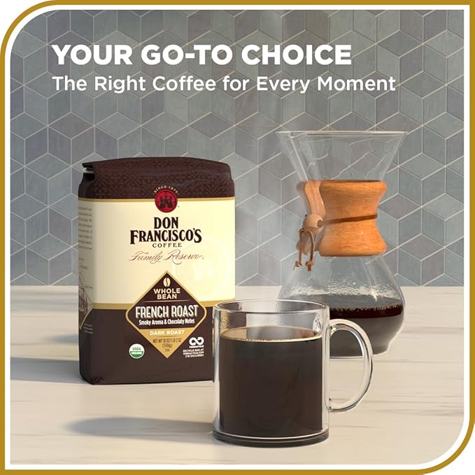 Don Francisco's Organic French Roast Whole Bean Coffee, Dark Roast – 100% Arabica Coffee, 18 oz Bag