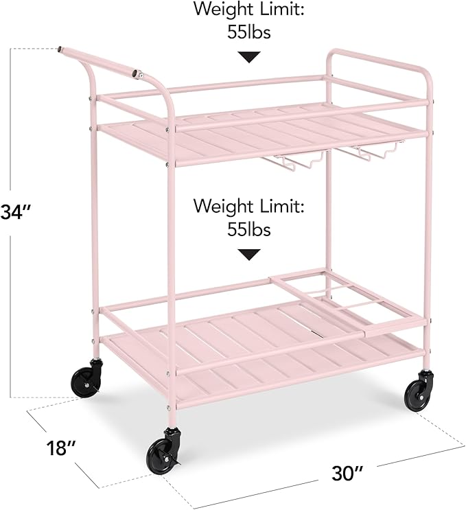 Best Choice Products Rolling Bar Cart, Mobile Home Bar Serving Cart, Serving Station w/ 2 Tier Shelves, Wine Rack, Lockable Wheels - Pink