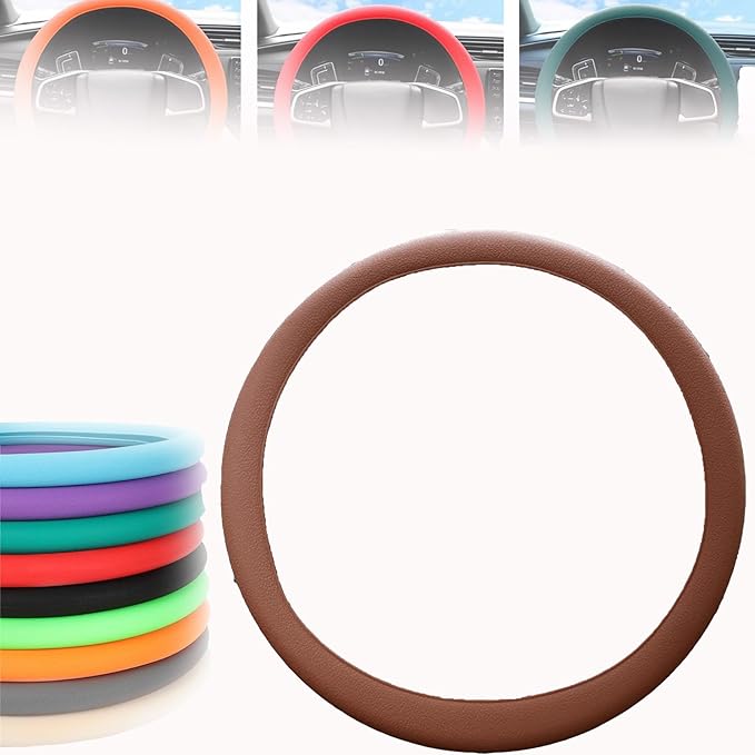 Cool Non-Slip Silicone Steering Wheel Protector, Car Steering Wheel Protective Cover, Non-Slip Car Steering Wheel Cover, Universal Fit Easy to Clean Steering Wheel Cover (Brown), RZX123