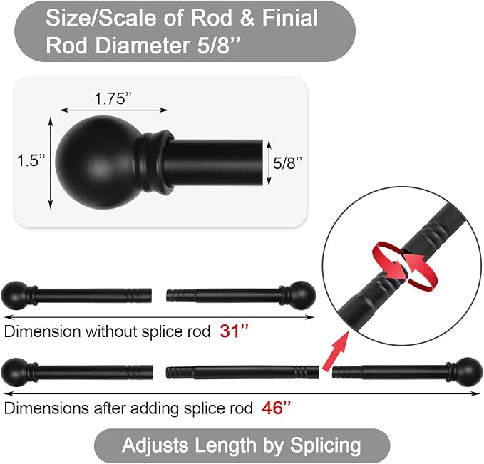 Thestoa 5/8" Diameter Splicing Curtain Rods 2 pack for Windows 30 or 46 inch, Black Curtain Rods for Bedroom, Living Room, Farmhouse, Outdoor etc.