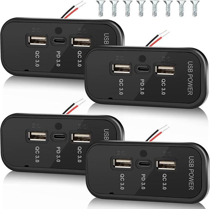 4PCS Gibbab 72W 3 Ports 12V RV USB Outlet, 36W PD3.0 Type-C Quick Charge + Dual 18W QC3.0 USB A Panel Wall Mount Car Charger Socket Automotive Multi-Port Adapter for ATV Marine Truck Boat Bus