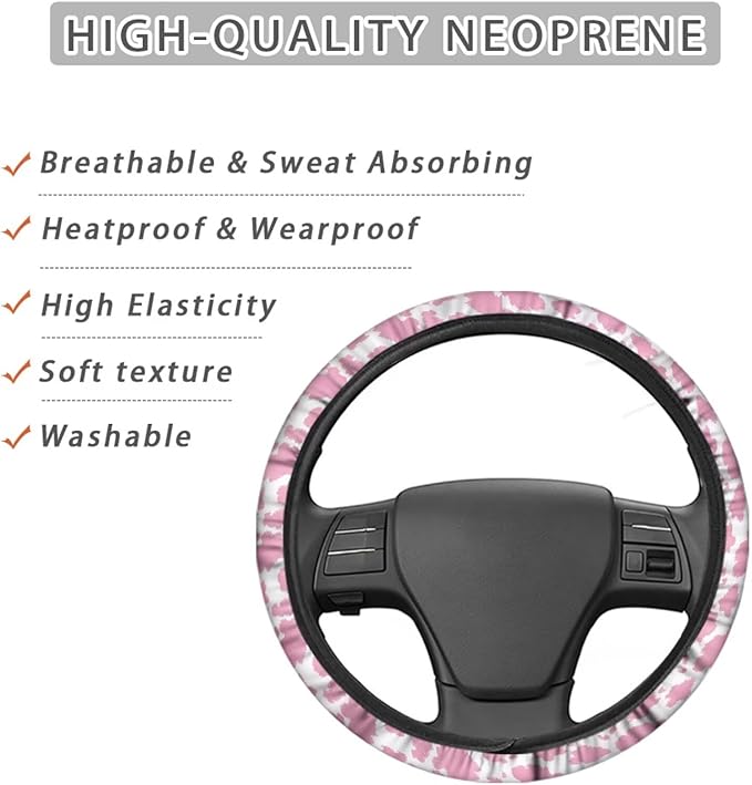 Universal Non-Slip Steering Wheel Cover, 15-inch Polyester Material Driving Accessories, Adjustable for Car and Truck(Pink Spots)
