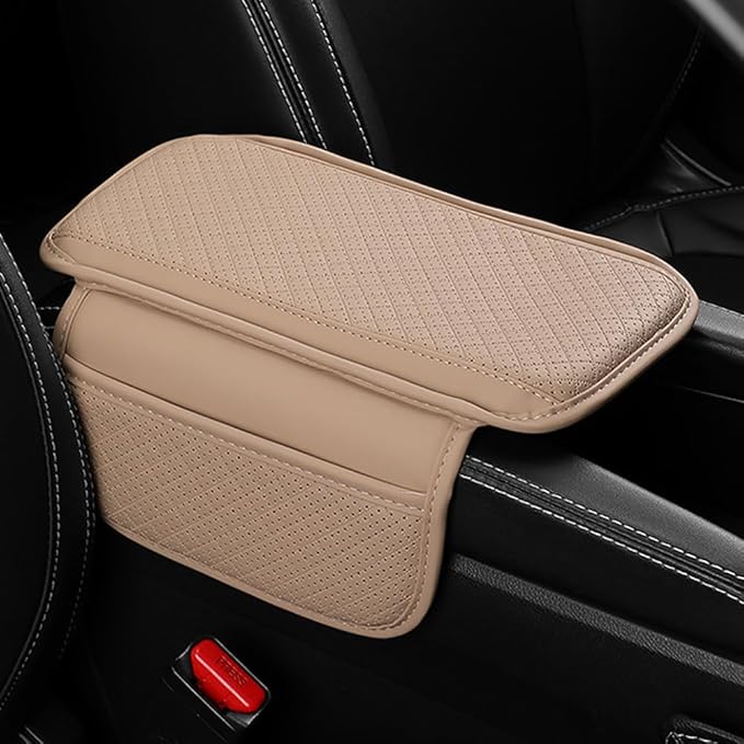 Upgraded Car Center Console Cover,Microfiber Leather Car Armrest Cover Cushion with 2 Storage Bags,Universal Car Armrest Storage Box Car Interior Accessories for Most Vehicles (Beige)