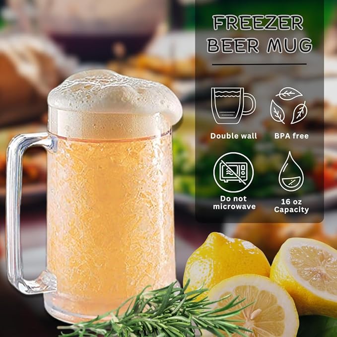 Beer Mugs For Freezer, Double Wall Insulated Plastic Glasses – Freezer Mugs, 16 oz – Perfect Frozen Beer Mugs for Home Bar Accessories, Gifts for Men, 2 Pack