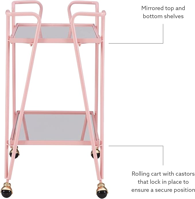 Gina Pink Mid-Century Bar Cart with Mirrored Shelves and Locking Wheels by Linon