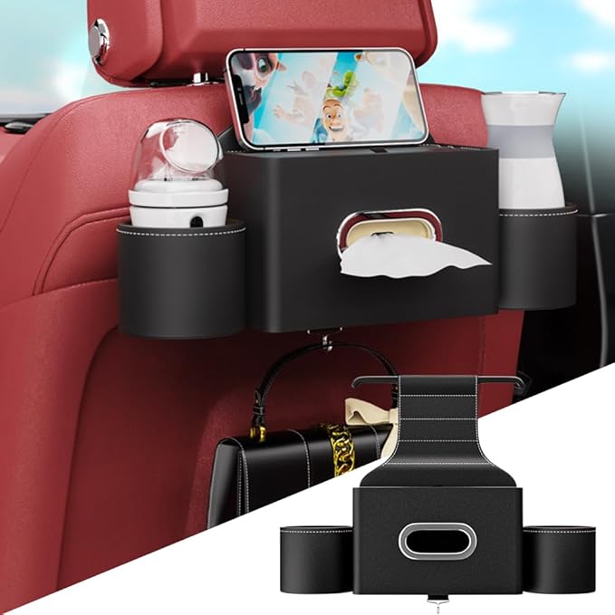 Tumecos Car Seat Back Storage Box,Backseat Organizer with Cup Holder, Large Capacity Storage Box, Waterproof Drink Holder，Car Rear Seat Storage Pocket Universal for Most Vehicles