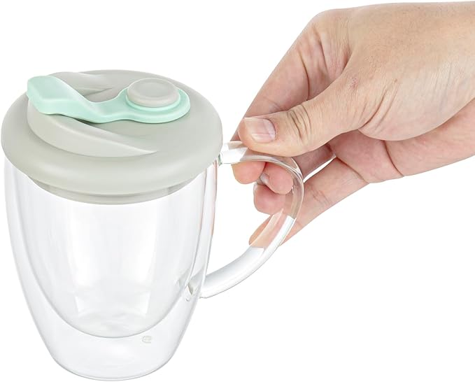 Restaurantware Glass Travel Mug 1 Count 12 Ounce Double Wall Borosilicate Reusable Coffee Cup, Spill-Resistant Gray and Green Silicone Lid, Clear Drinkware Mug for Hot and Cold Beverages