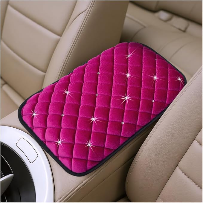 Car Center Console Cover, Crystal Rhinestone Fluffy Soft Vehicle Armrest Seat Box Cushion Pad, Automotive Interior Middle Console Protector, Universal for Automobile RV Truck (Rose Red)