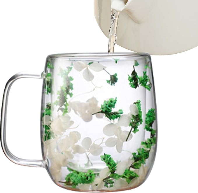 Dried Flowers Insulated Glass Double Wall Coffee Mug With Handle 250ml/390ml Transparent Double Glases Flower Tea Cup Latte Coffee Cup Borosilicate Glass Tea Mug