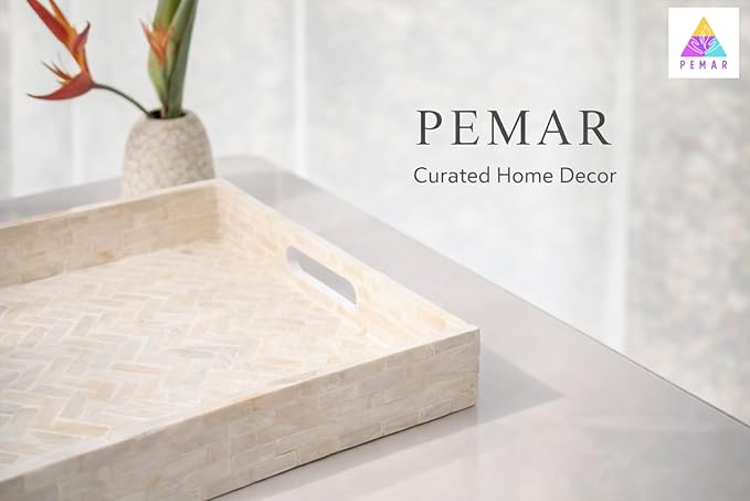 PEMAR Handmade Capiz Shell Decorative Serving Tray – Mother of Pearl Finish Herringbone Mosaic Rectangular Tray with Handles, 15.74 x 11.8 x 2 in, for Coffee Table & Home Decor