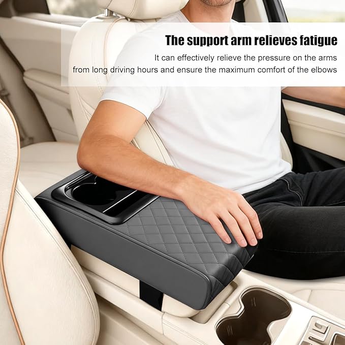 Car Center Console Armrest Pillow, Leather Vehicle Middle Console Protection Cushion with Cup & Phone Holder, Waterproof Automotive Arm Rest Box Cover, Universal Fit (Gray Rhombus)