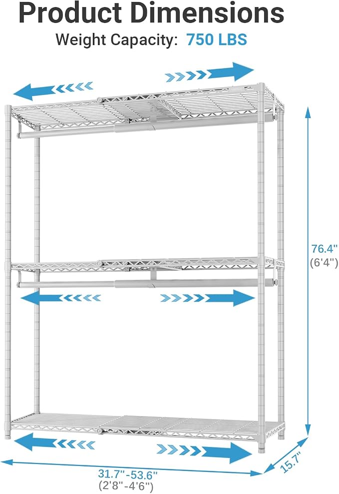 VIPEK X1 Plus Expandable Reach-in Closet Adjustable from 2'8" to 4'6" with Adjustable Shelves and Hanger Rods Clothes Rack Heavy Duty, Metal Clothing Racks Portable Walk-in Closet, White