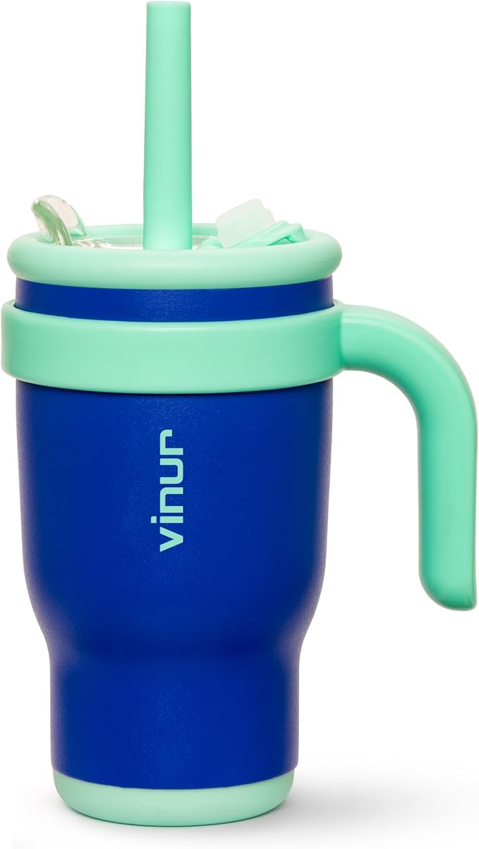 VINUR Kids Insulated Tumbler with Handle 14 oz Stainless Steel Double Wall Vacuum Travel Water Drink Cup with Lid and Straw (Navy)