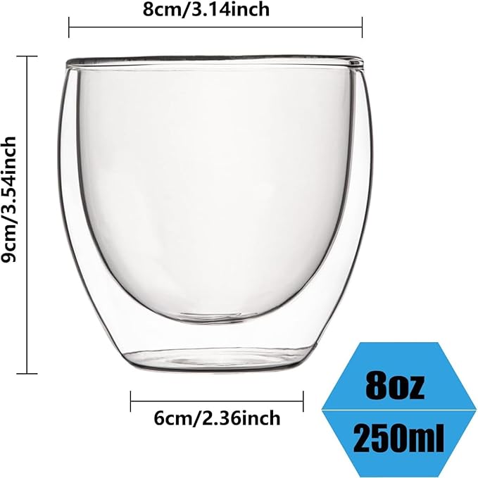 5.5oz Glass Coffee Mugs Set of 2, Double Walled Espresso Cups for Latte Cappuccino Cocoa Milk Cafe Juice, Clear Glass Tea Cup Set Glassware Gift for Christmas Birthday (8oz-4Pack)