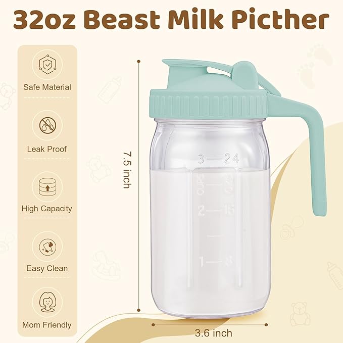 Breast Milk Pitcher with Leak Proof Flip Cap & Pour Spout, 32 oz Wide Mouth Mason Jars for Breast Milk Storage Container, Glass Picther with Lid for Cold Brew Coffee, Sun Tea, Juices, Purple