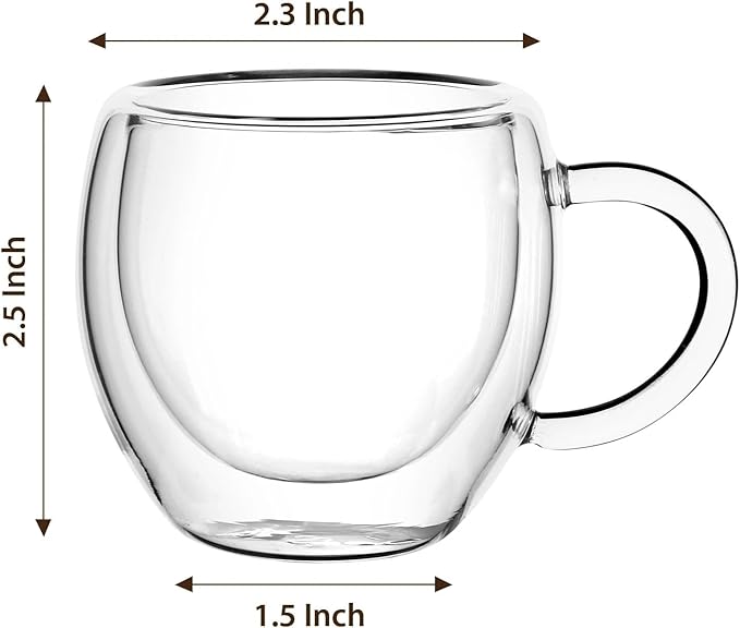 2.5oz Espresso Cups Set of 4, Small Expresso Coffee Cup, Expresso Shot Glass with Handle, Double Wall Insulated Espresso Mugs,Tazas de Cafe Expreso, Fit for Espresso Machine Accessories, Clear