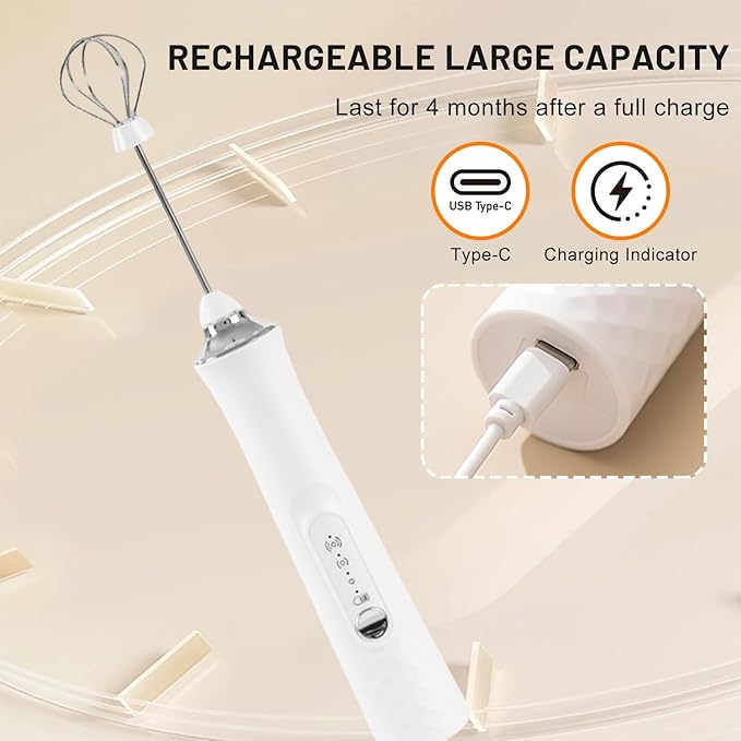 JFX Rechargeable Milk Frother Handheld with 3 Detachable, Rechargeable Coffee Frother Wand, 3 Speed Adjustable, Handheld Drink Mixer for Coffee, Lattes, Protein Shakes, Matcha, Egg with Storage Base