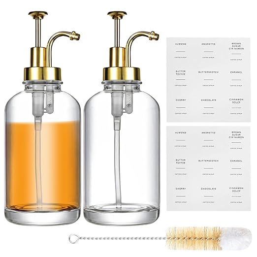 2Pcs Coffee Syrup Dispenser with Pump, 8.66 in/22 cm, 2 Gold Pumps, Includes 2 Labels, 1 Brush and 1 Funnel,Syrup Bottles for Coffee Bar,Syrup Container Dispenser,Homemade Syrup Set