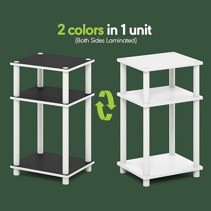 Furinno Turn-N-Tube Side Table, 3-Tier End Table with Open Shelf, Toolless Assembly Night Stand, Bedside Table, for Living Room, Bedroom, White Espresso