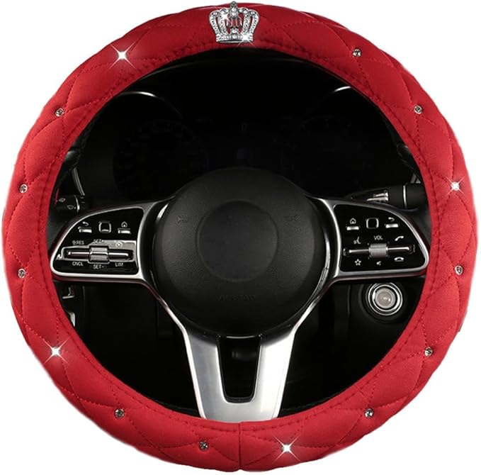 15Inch Leather Steering Wheel Cover Women Cute Bling Crown Steering Wheel Covers Universal fit Car (Red)