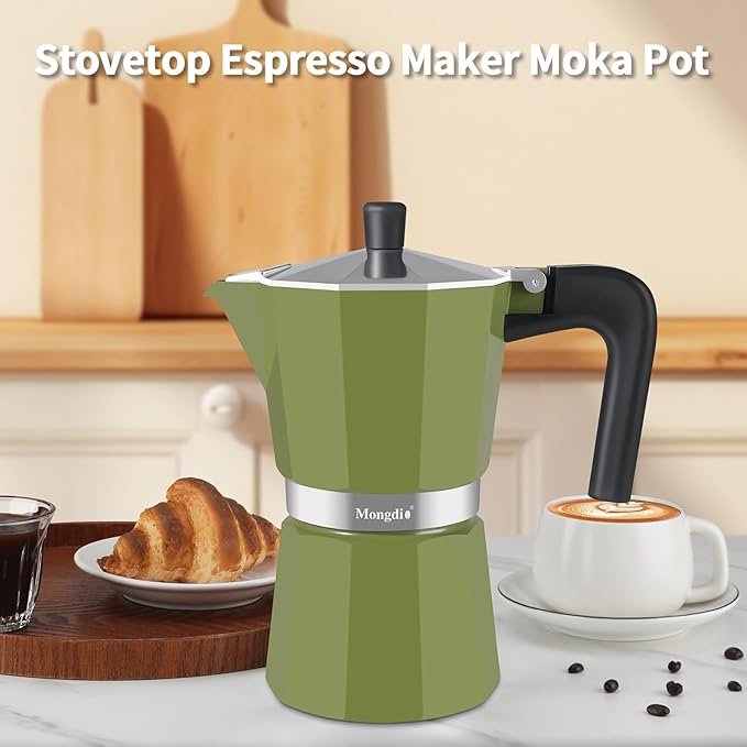 Mongdio Stovetop Espresso Maker Moka Pot, Stove Top Cuban Coffee Maker, Italian Greca Mocha Pot, 9 Espresso Cups, 15 oz - Green