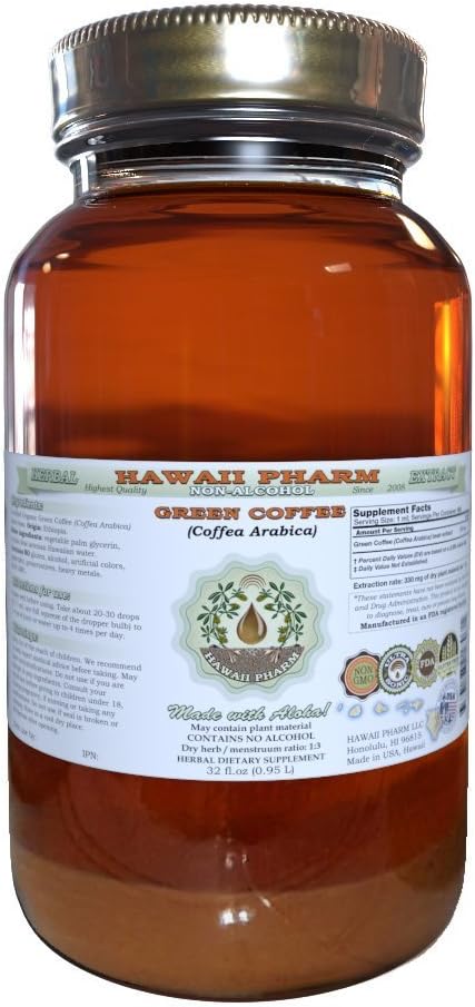 Hawaii Pharm Green Coffee Alcohol-Free Liquid Extract, Green Coffee (Coffea Arabica) Dried Bean Glycerite Natural Herbal Supplement 32 oz Unfiltered