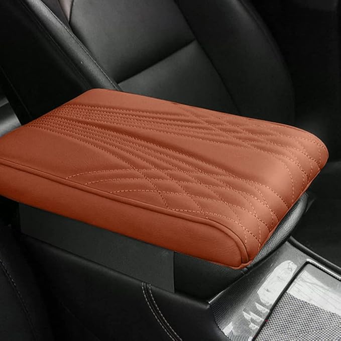 AIIONP Leather Car Armrest Box Pad, Universal Car Center Console Cover Pad, PU Leather Car Armrest Seat Box Cover Protector, Center Console Armrest Pad for SUV, Truck, Car (Brown, Angle Pattern)