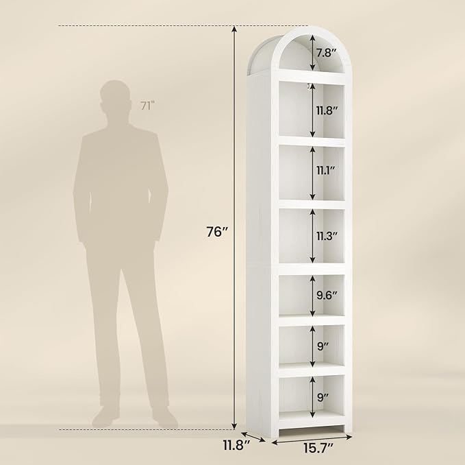 UPOSOJA 76" Tall Narrow Arched Bookcase,7-Teir Mid-Century Modern Bookshelf,Adjustable Shelves offering More Storage Space for Living Room,Kitchen,Home Office(Antique White, Narrow)