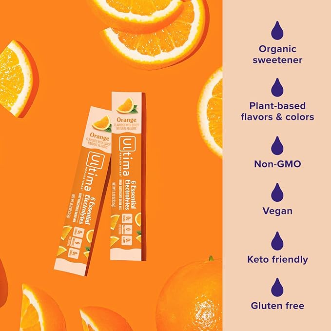 Ultima Replenisher Daily Electrolyte Powder – Orange, 20 Stickpacks – Zero Sugar Hydration Packets with 6 Electrolytes and Minerals – Sugar Free, Plant Based & Keto Friendly Drink Mix