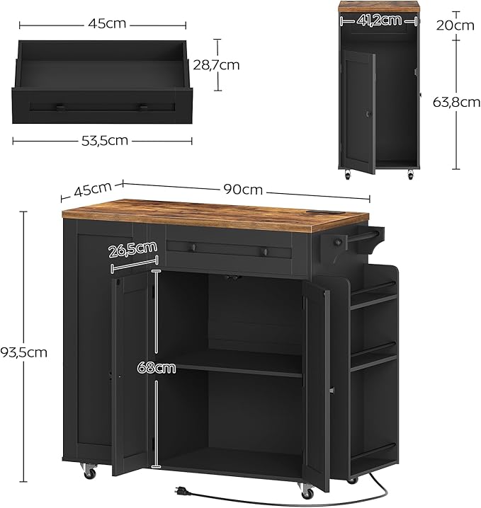 Kitchen Island with Storage, Mobile Rolling Cart with Trash Can Storage, Kitchen Island on Wheels, Rolling Island Table with Charging Station, Spice Rack, for Kitchen, Rustic Brown ZD02UBR