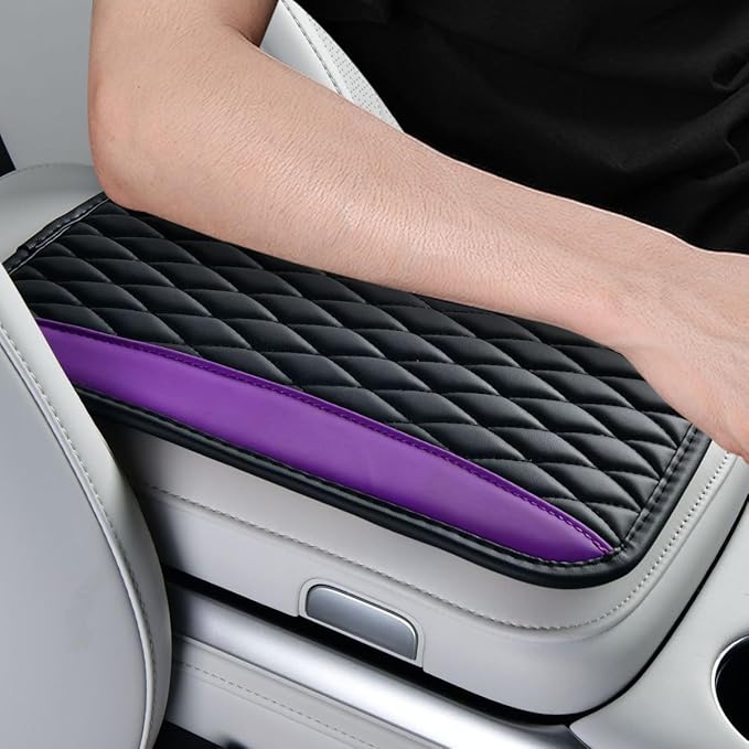 Car Center Console Cover, PU Leather Waterproof Vehicle Armrest Seat Box Protector, Automotive Interior Arm Rest Cushion Protection Accessories, Universal for SUV Sedan Truck (Black/Purple)