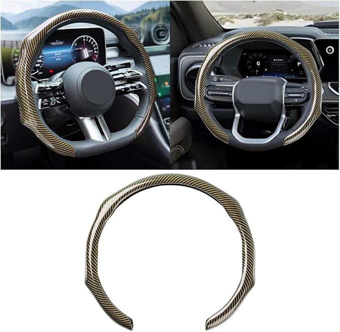 Carbon Fiber Car Steering Wheel Cover, Leather Non-Slip Vehicle Steering Wheel Cover for 14.5-15 Inch, Comfortable Auto Interior Protector Decoration Accessories, Universal Fit(Gold)