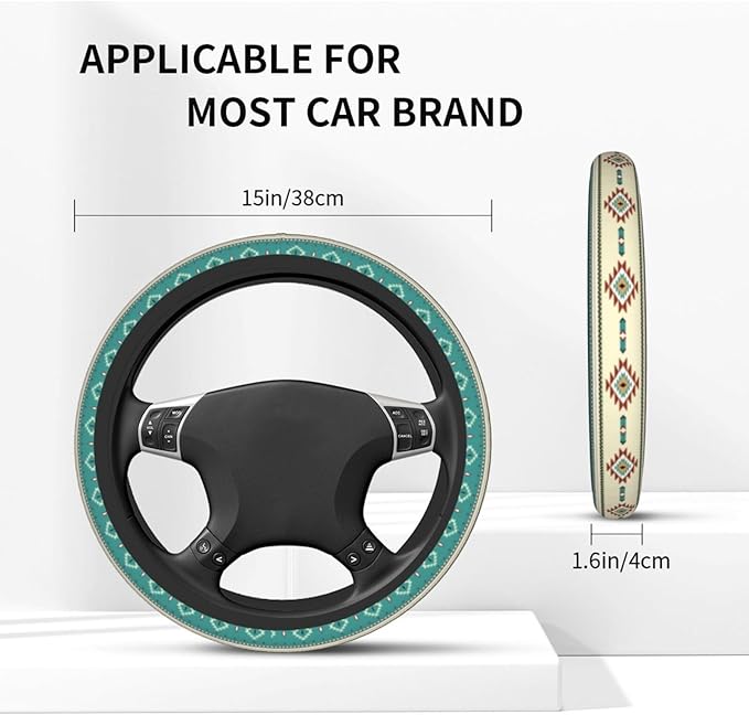 Rustic Western Aztec Steering Wheel Cover for Women Men with 2 Pcs Car Coasters, 15 Inches Neoprene Anti-Slip Cute Universal Car Accessories Protective Cover for Vehicle