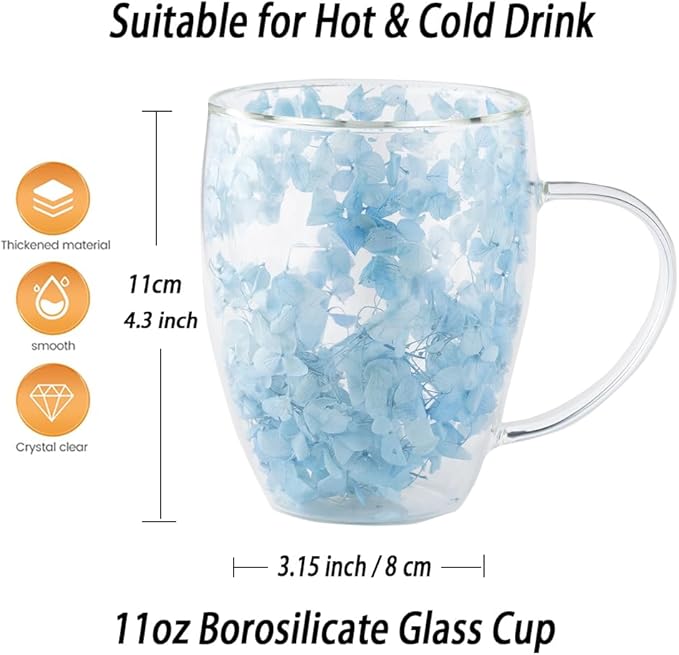 Double Glass Flower Tea Cup, Aesthetic Preserved Flower Cup, Cute Insulated Tea Cup with Handle, Heat Resistant & Lead-free Coffee Mugs, Gifts for Birthday Mother's Day, Perfect for Women Wife Mom (G)