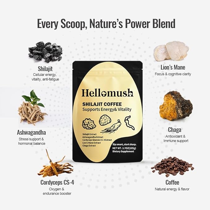 Hellomush Organic Shilajit Coffee - Premium Himalayan Shilajit Coffee Blend With Cordyceps, Lion's Mane, Chaga & Ashwagandha - Natural Energy & Focus Booster - Superfood with Rich Flavor - 3.7 oz