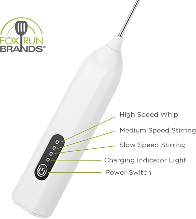 Fox Run Electric Milk and Coffee Frother, 9" Portable and Rechargeable Handheld Mixer with 3 Speed Settings