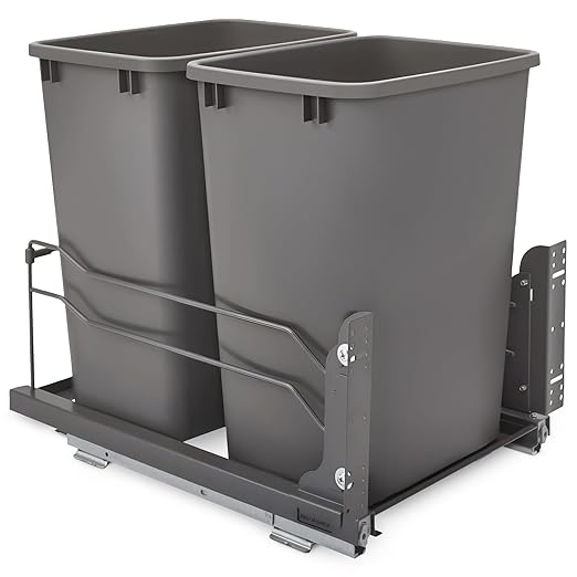 Rev-A-Shelf Double 35 Qt Pullout Trash Cans with Soft-Close for Under Kitchen Cabinets, Min Opening Width of 14.5", Orion Gray, 53WC-1835SCDM-213
